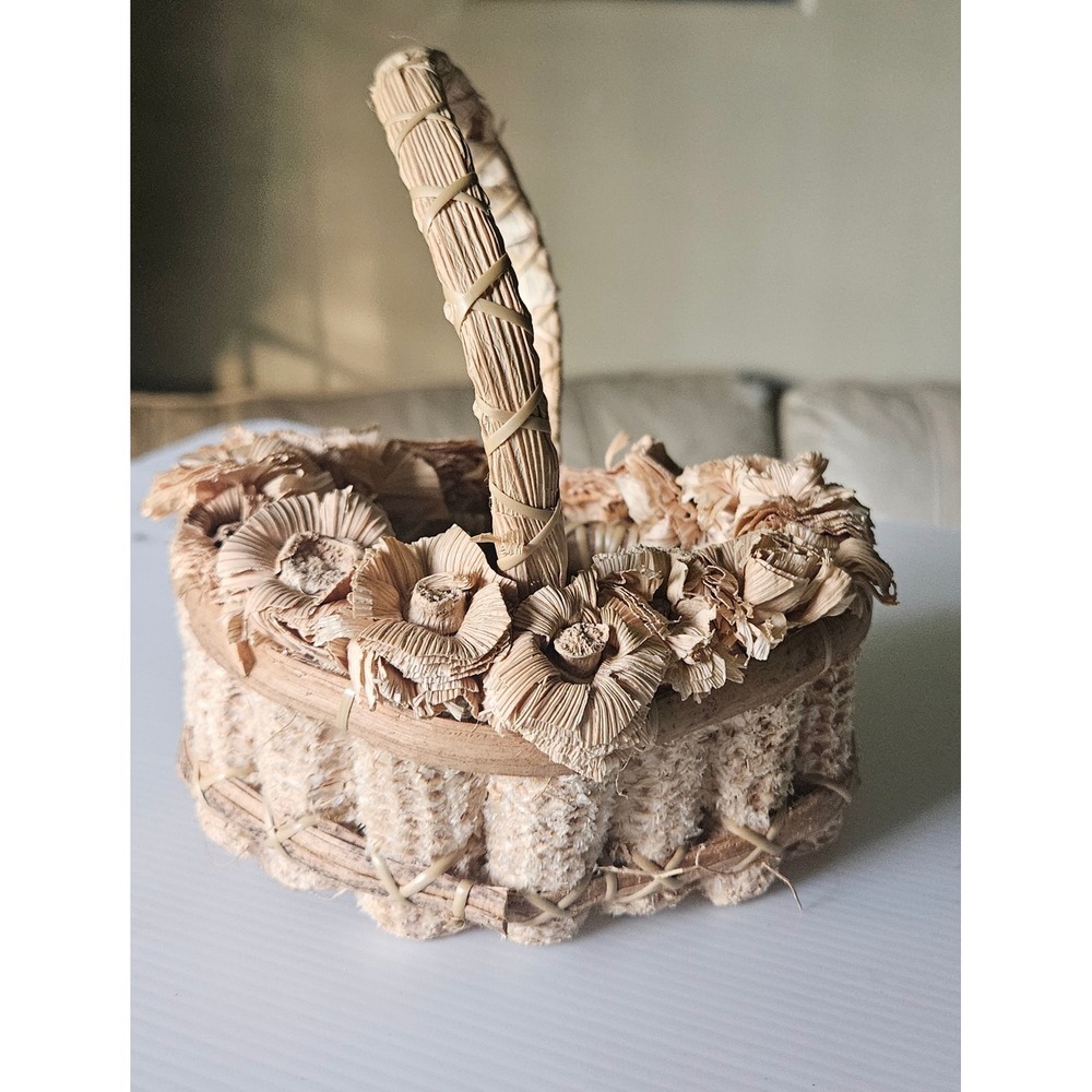 Vintage Natural Corn Husk and Cob Decorative Basket with Floral Trim Rustic Folk